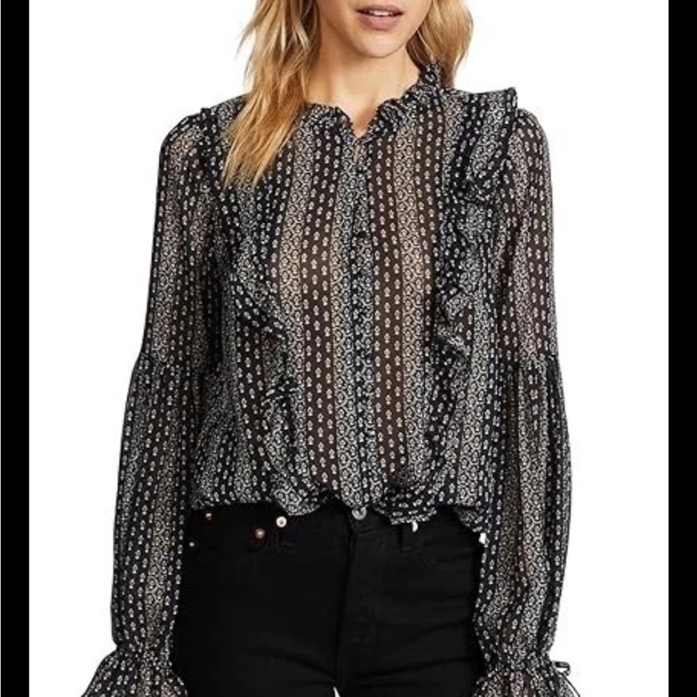 PAIGE Haiku Black Floral Silk Ruffle Button Front Blouse Small Quiet Luxe - Picture 2 of 8
